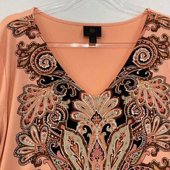 JM Collection size XL Orange Multi Color Abstract V neck Stretch Knit Tunic - Picture 3 of 10